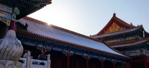 Snow-covered palace roofs beneath a pale sky