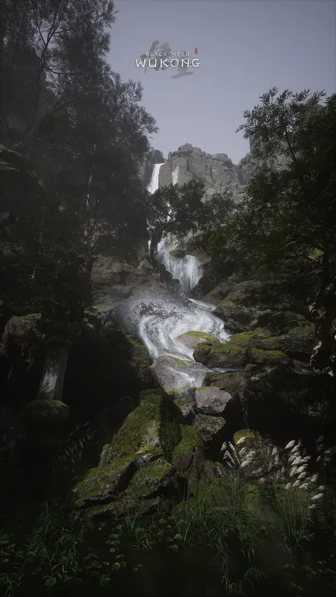 A waterfall in a forested game landscape
