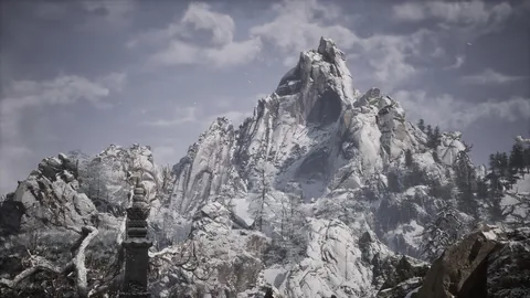 Snow-covered mountains and temple roofs