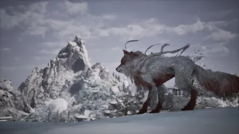 A creature against a snowy mountain landscape