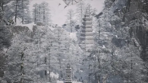 A pagoda among snow-covered trees
