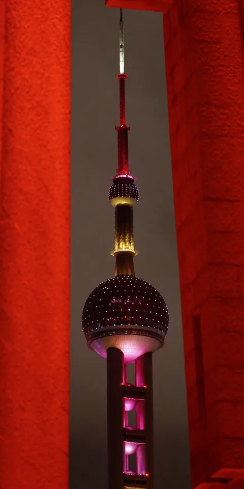 The Oriental Pearl Tower framed in red