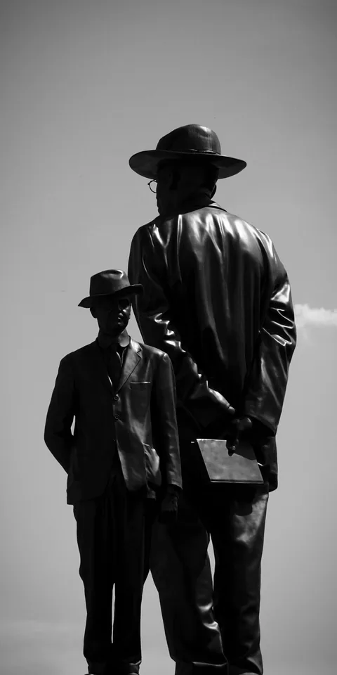 Two figures in a monochrome portrait
